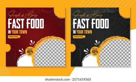 Fast food promotional template featuring vibrant colors, editable placeholders, and bold typography. Ideal for restaurants, cafes, or food delivery ads.