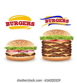 Fast Food Realistic Burger Vector. Set Beautiful Realistic Icons Of Fast Food