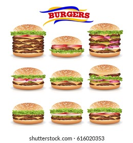 Vector de hamburguesas realistas de comida rápida. Establecer El Sandwich De Comida Rápida De Hamburgo Realista Aislado En La Ilustración De Fondo Blanco