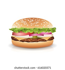 Fast Food Realistic Burger Vector. Realistic vector illustration of burger. Hamburger with Meat, Cucumbers, Cheese And Tomato. Vector Classic Burger Isolated.