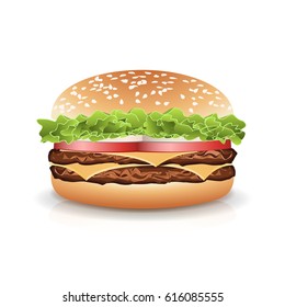 Fast Food Realistic Burger Vector. Hamburger Fast Food Sandwich Emblem Realistic Isolated On White Background Illustration