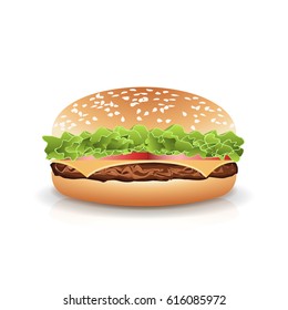 Fast Food Realistic Burger Vector. Hamburger Icon With Meat, Lettuce, Cheese And Tomato. Isolated