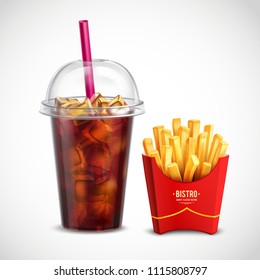 Fast food realistic composition with paper box of french fries and plastic cup of cola with ice pieces tube and lid vector illustration