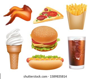 Fast food realistic. Lunch pizza chicken hamburger hot dog drinks french fries vector junk trash food pictures