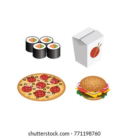 Fast food realistic set. Isolated burger, pizza, sushi, rolls. Illustration for design fast food menu