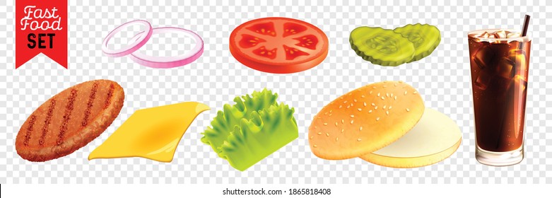 Fast food realistic set on transparent background isolated vector illustration