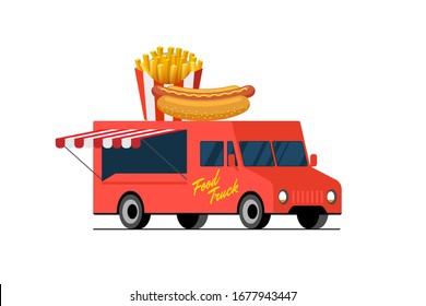 Fast food red truck. Hot dog and french fries on van roof. Fried crispy potato and bun with sausage car delivery service or festival on street cuisine wheels vector flat illustration