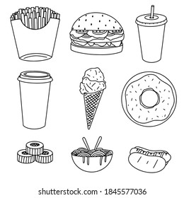 Fast food related hand drawn doodles: fries, burger, drink, coffee, ice-cream, donut, sushi, noodles and hot-dog isolated on white background vector illustration.