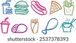 Fast Food Related Icon Crayon Chalk Drawing Vector Set