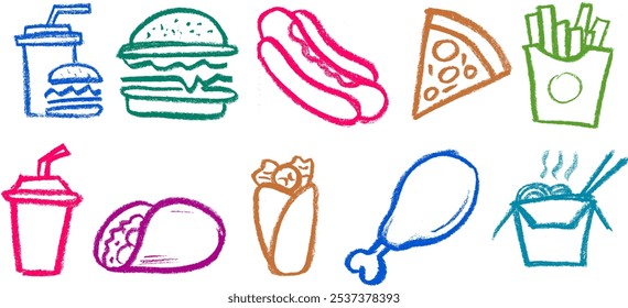 Fast Food Related Icon Crayon Chalk Drawing Vector Set