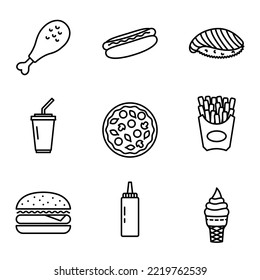 Fast food related icon set. Street food. Pictogram isolated on a white background. Vector illustration.
