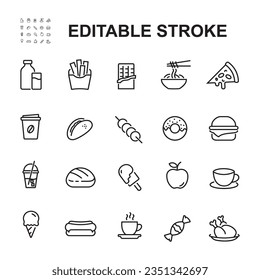 Fast food related line icon collection. Street food icon. Such as burgers, hotdogs, ice cream and others.
