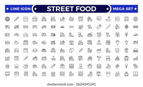 Fast food related line icon set. Street food linear icons. Burger, hotdog and sandwich outline icon.
