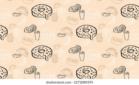 Fast Food Related Seamless Pattern and Background with Line Icons. Editable Stroke Junk Food Related Seamless Pattern and Background