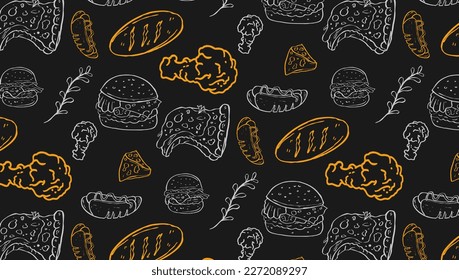 Patrón de alimentos rápidos y sin problemas y fondo con iconos de línea. Patrón y fondo sin problemas de comida chatarra editable