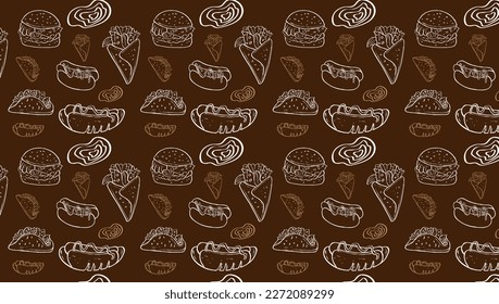 Fast Food Related Seamless Pattern and Background with Line Icons. Editable Stroke Junk Food Related Seamless Pattern and Background