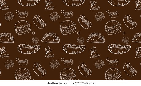 Schnelles Essen - Nahtlose Muster und Hintergrund mit Zeilensymbols. Bearbeitbare Stroke Junk Food verwandte nahtlose Muster und Hintergrund