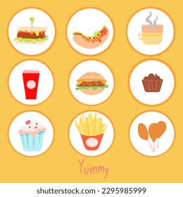 Fast food  render vector icon set. hamburger, fries potatoes, hot dog, popcorn, chicken leg, cake, soda,coffee, ice cream 