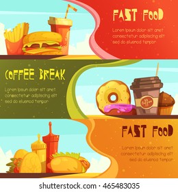 Fast food restaurant advertisement horizontal banners set with coffee break meal offer isolated retro cartoon vector illustration  