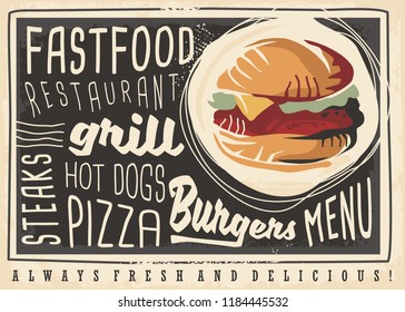 Fast food restaurant artistic menu concept design template. Black board retro style menu idea with tasty burger illustration and creative typography. Vector food image.