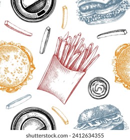 Fast food restaurant background. Street food seamless pattern. Hand drawn vector illustration. For takeaway food or delivery service. Burger, French fries, coffee sketches