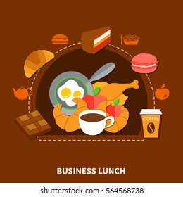 Fast food restaurant best choice business lunch menu  poster with chicken fried eggs coffee flat vector illustration 