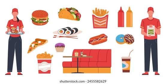 Fast food restaurant. Bistro workers in uniform with tray and bag in hands, tacos, donuts, french fries and burger, pizza and asian meal, french fries and drink nowaday vector cartoon flat set