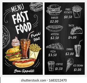 Fast food restaurant blackboard menu with chalk sketches of burgers and drinks. Hamburger, hot dog, pizza and french fries, cheeseburger, soda and coffee, ice cream and tacos, chalkboard menu design