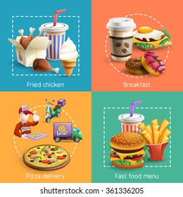 Fast food restaurant breakfast menu with pizza delivery service 4  icons square composition banner cartoon vector illustration