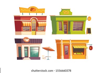 Fast food restaurant building cartoon vector illustration. Facades of food shops and cafes or bistros with signboards of coffee, pretzel, tacos. City small catering business building isolated on white