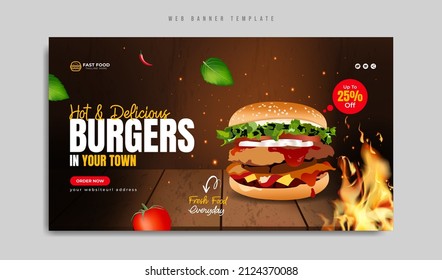 Fast food restaurant burger social media marketing web banner with abstract fire background, logo and icon. Healthy hamburger or pizza online sale promotion cover. Corporate business flyer.