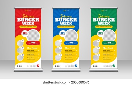 Fast food restaurant business marketing roll up or x banner template design with abstract background, logo and social media icon. Pizza, burger and healthy food sale web banner, rack card or flyer.