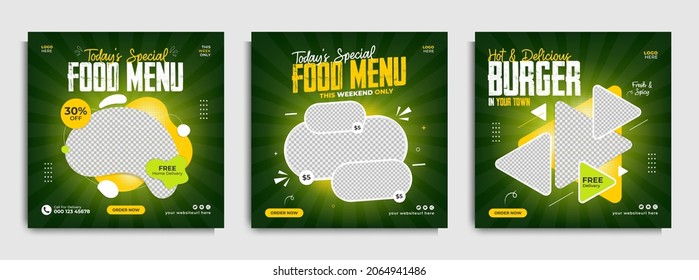 Fast Food Restaurant Business Marketing Social Media Post Or Web Banner Template Design With Abstract Background, Logo And Icon. Healthy Burger And Pizza Online Sale Promotion Flyer Or Poster.