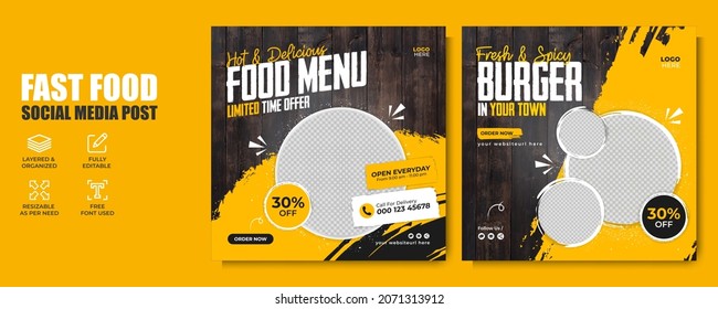 Fast Food Restaurant Business Marketing Social Media Post Or Web Banner Template Design With Abstract Background, Logo And Icon. Fresh Pizza, Burger And Pasta Online Sale Promotion Flyer Or Poster.