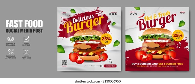 Fast Food Restaurant Business Marketing Social Media Post Or Banner Template Design With Abstract Fire Smoke Background, Logo And Icon. Pizza, Burger And Hamburger Sale Promotion Web Flyer Or Poster. 