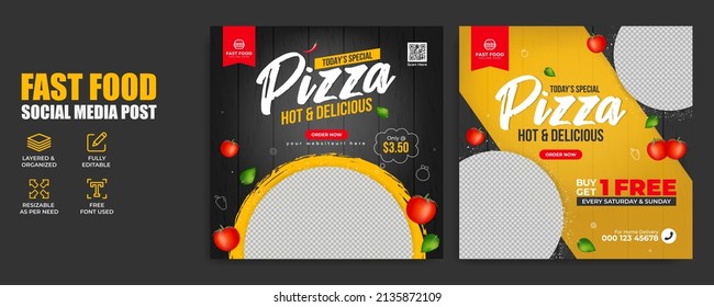 Fast Food Restaurant Business Marketing Social Media Banner Post Template With Abstract Background, Logo And Icon. Online Sale Promotion Flyer Or Web Poster For Fresh Pizza And Vegetable Burger.