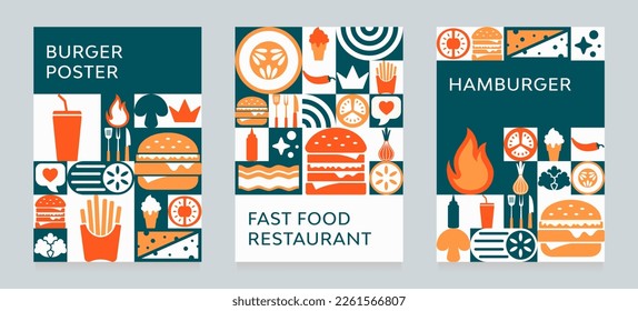 Restaurante de comida rápida marketing de negocios banner postela de medios sociales con formas geométricas fondo, logo e icono. Volante de promoción de la venta en línea de hamburguesas y alimentos rápidos. Afiche web de comida.