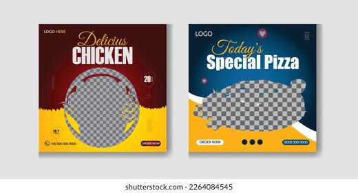Fast food restaurant business marketing social media post or web banner template design with abstract background. Fresh pizza, burger online sale promotion flyer.