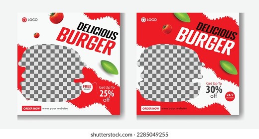 Restaurante de comida rápida marketing de negocios publicación de medios sociales o diseño de plantillas de banner web. Pizza fresca, hamburguesa y pasta en línea, folleto o afiche promocional de la venta.