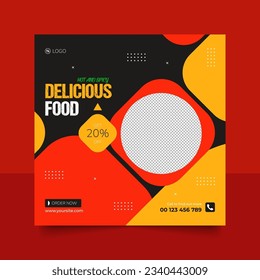 Fast food restaurant business marketing social media post or web banner template design with abstract background, logo and icon. Fresh pizza, burger and pasta online sale promotion flyer