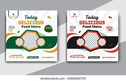 Fast food restaurant business marketing social media post or web banner template design with abstract background. Fresh pizza, burger  online sale promotion flyer or poster design.