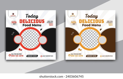 Fast food restaurant business marketing social media post or web banner template design with abstract background. Fresh pizza, burger  online sale promotion flyer or poster design.