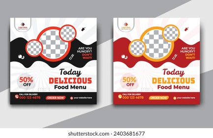 Fast food restaurant business marketing social media post or web banner template design with abstract background. Fresh pizza, burger and online sale promotion flyer or poster design.