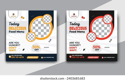 Fast food restaurant business marketing social media post or web banner template design with abstract background. Fresh pizza, burger and online sale promotion flyer or poster design.
