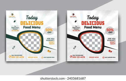 Fast food restaurant business marketing social media post or web banner template design with abstract background. Fresh pizza, burger and online sale promotion flyer or poster design.
