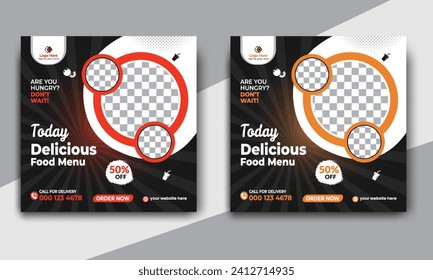 Fast food restaurant business marketing social media post or web banner template design with abstract background. Fresh pizza, burger and online sale promotion flyer or poster design.