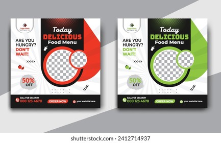 Fast food restaurant business marketing social media post or web banner template design with abstract background. Fresh pizza, burger and online sale promotion flyer or poster design.