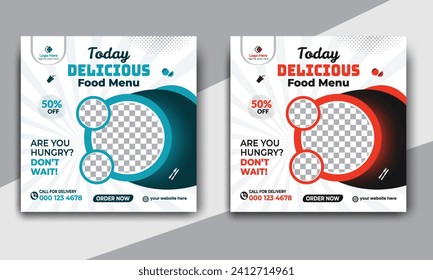 Fast food restaurant business marketing social media post or web banner template design with abstract background. Fresh pizza, burger and online sale promotion flyer or poster design.
