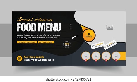 Fast food restaurant business marketing social media web banner template design with abstract geometric graphic background, logo and icon. Sale promotion flyer for pizza, burger and healthy food