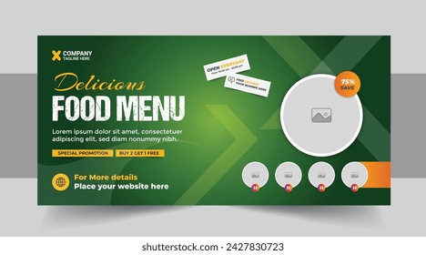 Fast food restaurant business marketing social media web banner template design with abstract geometric graphic background, logo and icon. Sale promotion flyer for pizza, burger and healthy food